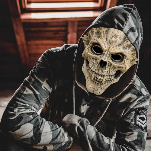 Vista 7 de Máscara de calavera de cabeza completa, máscara de esqueleto aterrador de demonio, máscara de demonio espeluznante de huesos viejos y guerreros