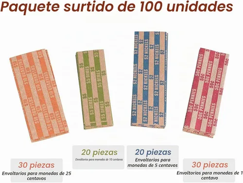 Vista 4 de Envoltorios de monedas 100 surtidos, envoltorios de rollos planos para monedas, incluyendo 30 cuartos, 30 centavos, 20 monedas de diez centavos, 20