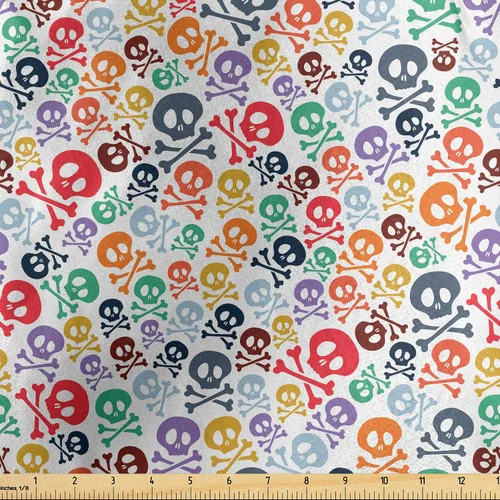 Vista 140 de Ambesonne The Yard, tela de calavera colorida con temática de Halloween, diseño de calavera y huesos cruzados, divertido estampado de dibujos