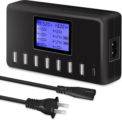 Vista 7 de Estación de carga USB de 60 W, 12 A, 8 puertos, cargador concentrador USB multipuerto, pantalla LCD de tamaño compacto, compatible con iPhone, iPad