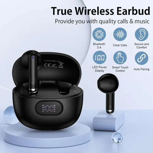 Vista 2 de Auriculares inalámbricos Bluetooth, auriculares con graves profundos, tiempo de reproducción de 60 horas de duración, pantalla de alimentación LED