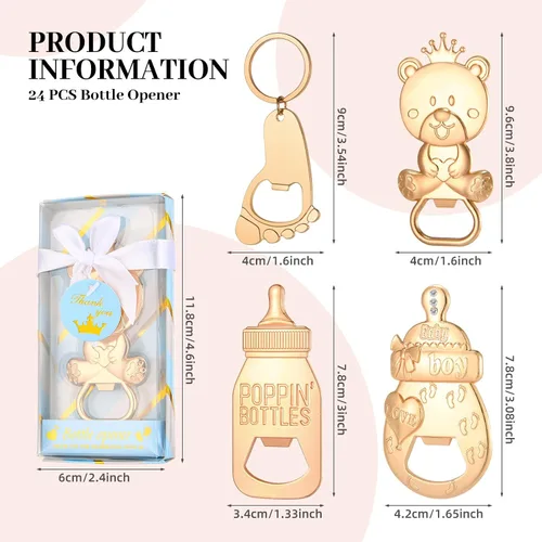 Vista 2 de Abrebotellas de bebé, 24 piezas, llavero con huella de oso y niño, abrebotellas con caja de regalo azul, recuerdos de fiesta de baby shower