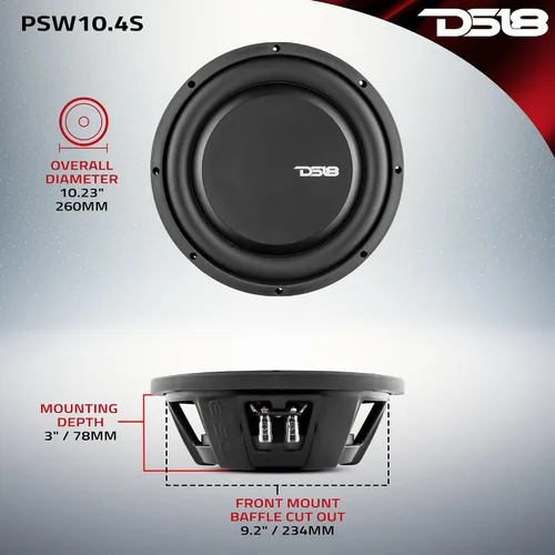 Vista 4 de DS18 PSW10.4S Subwoofer de montaje poco profundo de 10 pulgadas, 1000 vatios, potencia máxima, 500 vatios, bobina de voz única RMS 4 OHMS resistente