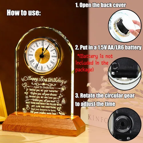 Vista 4 de Arikyrist Regalos de cumpleaños número 100 para mujeres, hombres y amigos, reloj de cumpleaños de cristal con base de luz Glass 100th Birthday