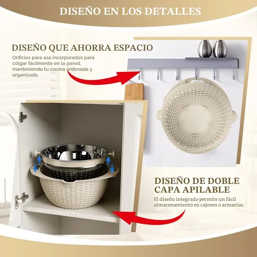 Vista 7 de Juego de colador 4 en 1 con tazón, cuenco colador giratorio de 360° patentado con 3 ralladores, tapa a presión y base antideslizante, divertido Beige