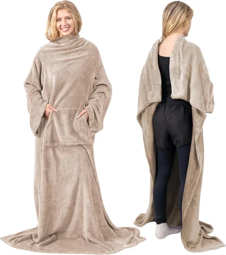 Vista 30 de PAVILIA Manta con Mangas para Adultos Mujeres Hombres, Manta Suave y Cálida Usable de Vellón Envolvente Tipo Throw, Manta Bata Regalo