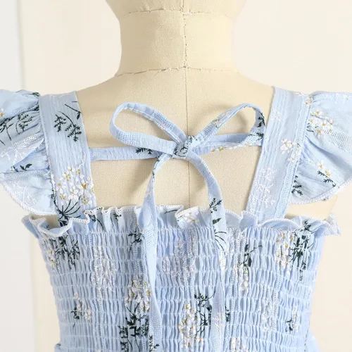 Vista 5 de JEELLIGULAR Vestido de mezclilla sin mangas con volantes y botones para niñas pequeñas, vestido de verano para playa, casual, acampanado, vestido