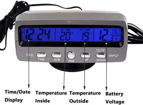 Vista 4 de Riloer Termómetro digital inteligente multifuncional para automóvil, termómetro exterior Fahrenheit Celsius pantalla LCD dual con retroiluminación