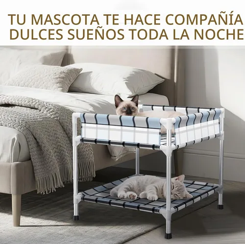 Vista 2 de Litera para Perros con Ventana de Cabecera - Cama Doble Elevada para Perros y Humanos con Barandilla de 2 Capas, Percha de Ventana para Perros, Cuna