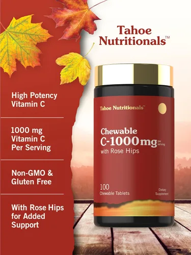 Vista 4 de Carlyle Masticables de vitamina C 1000 mg 100 tabletas Sabor naranja natural Suplemento vegetariano, sin OMG y sin gluten Tahoe