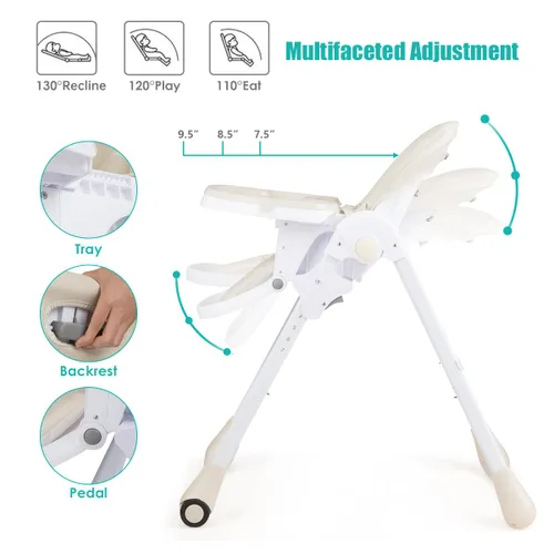 Vista 5 de BABY JOY Silla alta convertible para bebés y niños pequeños, altura ajustable, silla alta Grow & Go con reclinable y reposapiés, bandeja doble Beige