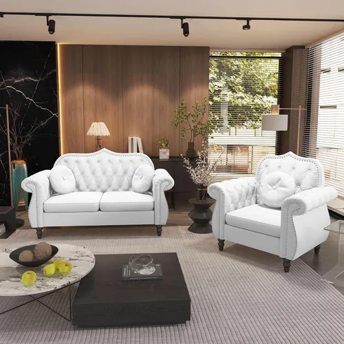 Vista 18 de AVZEAR Chesterfield - Juego de sofás seccional de 2 piezas para sala de estar, sofá tapizado en terciopelo moderno de mediados de siglo, sofá Blanco