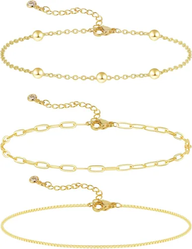 Vista 6 de Kyerlyn Pulseras de oro para mujer, juego de pulseras de oro de 14 quilates para mujer, delicada cadena de cuerda trenzada de espiga de espiga