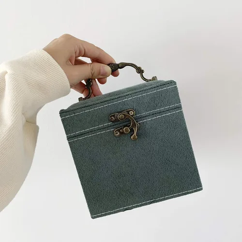 Vista 5 de Lemonadeus Organizador de joyas retro de terciopelo de 3 capas para mujeres y niñas pequeño joyero de viaje portátil aretes collares pulseras