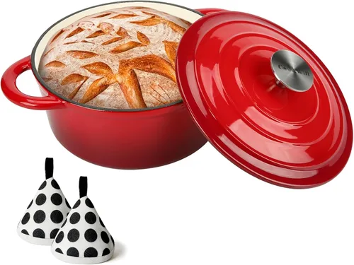 Vista 17 de COOKWIN Horno holandés de hierro fundido, olla redonda de 3 QT con tapa autobronceadora para hornear en casa, brasero, cocina, excelentes regalos