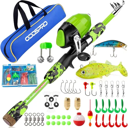 Vista 8 de ODDSPRO Caña de pescar para niños, kit combinado de caña de pescar y carrete telescópico portátil para niños, con caja de aparejos de pesca Spincast