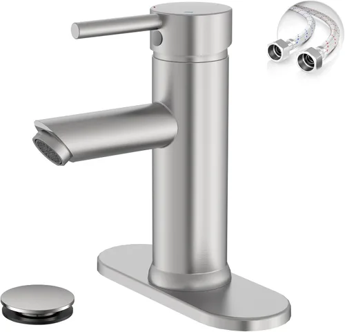 Vista 18 de Grifos de baño negros y dorados de 1 agujero, un solo mango, grifo de lavabo de baño moderno comercial con placa de cubierta, drenaje desplegable