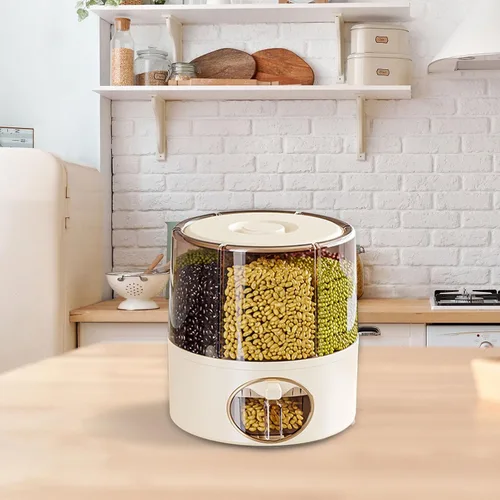 Vista 4 de Dispensador de granos, dispensador de alimentos secos giratorio de 360 grados con 6 compartimentos, salida de un solo clic, dispensador de granos