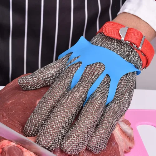 Vista 5 de Guante de Chainmail resistente al corte, Guante de protección de mano de acero inoxidable 316 de grado alimenticio, Guante de corte de malla Naranja