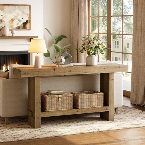 Vista 3 de Mesa consola de madera maciza de 63 pulgadas, mesa de entrada estrecha con estante de almacenamiento de 2 niveles, para pasillo, entrada, sala