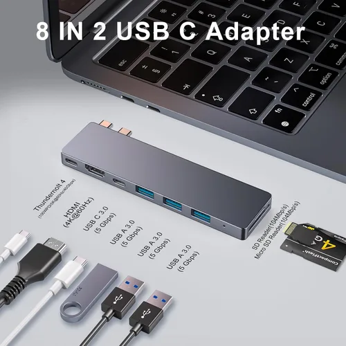 Vista 2 de Hub USB C, adaptador USB C 8 en 2 Thunderbolt 4 HDMI MacBook Air Pro M1-M4 Hub Thunderbolt 4 • HDMI 4K • 100W PD • 40Gbps • USB C 3.0 • 3 USB A
