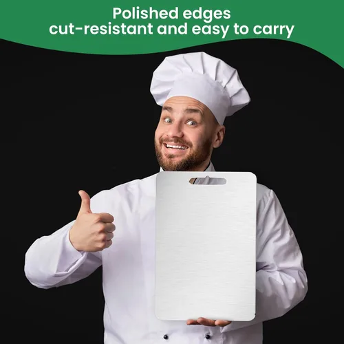 Vista 7 de Tabla de cortar de titanio para cocina, tabla de cortar de acero inoxidable de grado alimenticio, fácil de limpiar, duradera y de grado alimenticio