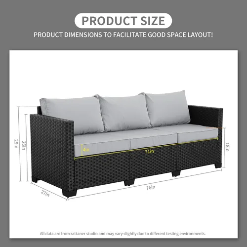 Vista 2 de Rattaner Muebles de Exterior Sofá de Exterior Muebles de Patio Sofá de 3 Asientos Asiento Profundo Respaldo Alto con Funda Impermeable y Cojines Gris