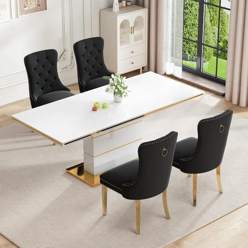 Vista 9 de Mesa de comedor moderna negra para 6 personas, mesa de cocina rectangular de 63 pulgadas con acabado lacado dorado y base de pedestal de acero