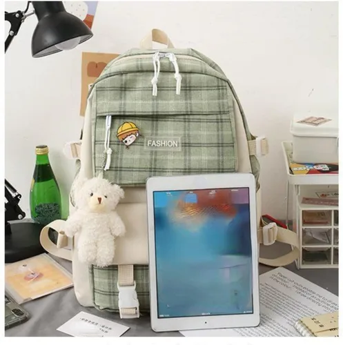 Vista 5 de Juego de 5 mochilas Kawaii de lona con bonitos alfileres colgantes de oso a cuadros, asa a cuadros, bolsa de hombro, Verde, Mediana