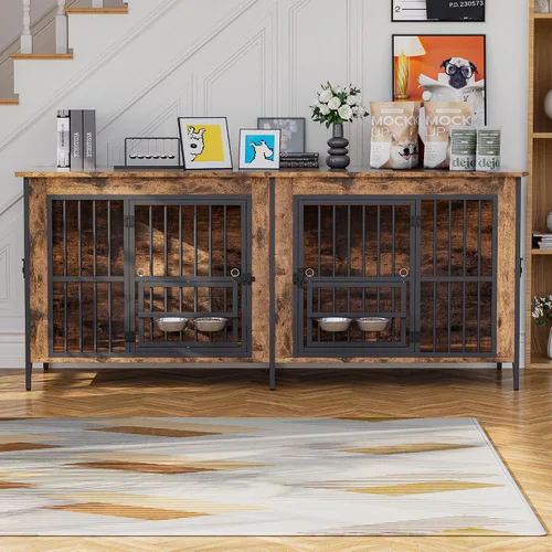 Vista 7 de Mueble de jaula para perros, jaula doble para perros con parte superior de almacenamiento y cuencos giratorios para alimentos, perrera decorativa