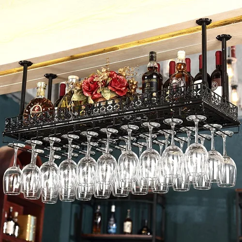 Vista 2 de Estante de vino de techo con soporte para vidrio, estante colgante de metal vintage, altura ajustable, bar y almacenamiento para el hogar 120 × 13.8