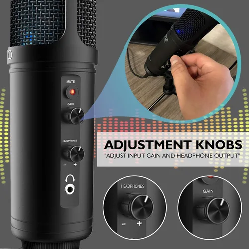 Vista 4 de JOVIAL Micrófono condensador de grabación USB para PC, LED azul, ganancia ajustable, conector para auriculares, control de silencio, soporte