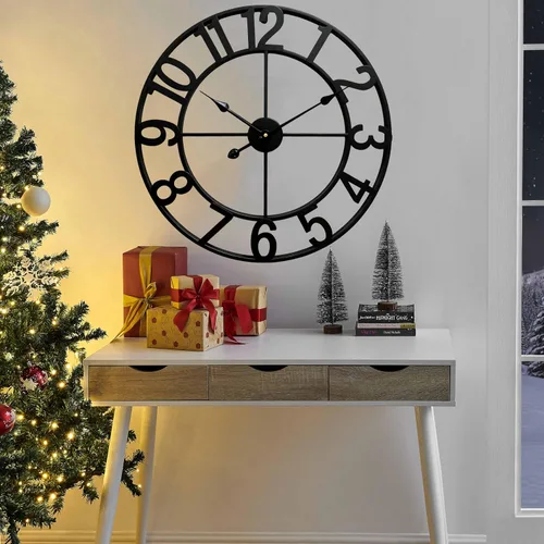 Vista 5 de CLXEAST Relojes de pared de 24 pulgadas para decoración de sala de estar, reloj de pared grande de metal negro que funciona con pilas Número arábigo