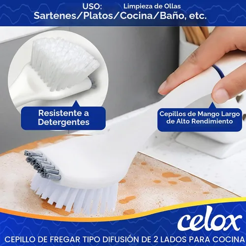 Vista 5 de CELOX Juego de cepillos de cocina con mango ergonómico, cepillos de limpieza profunda, incluye cepillo para platos (azul)