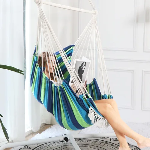 Vista 2 de Chihee Silla hamaca colgante con reposapiés, 2 cojines, máximo 500 libras, barra separadora de metal resistente, plegable, fácil almacenamiento
