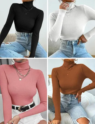 Vista 3 de Ekouaer Camisas de cuello alto para mujer, de manga larga, suéter de punto acanalado, camisetas térmicas, ligeras, tallas S-XXL