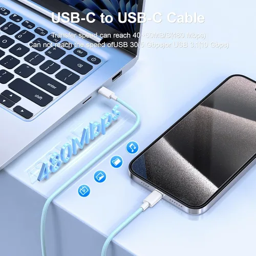 Vista 5 de Paquete de 2 cables de carga USB C a USB C de 6 pies para iPhone 15, cable USB C de 60 W, cable de carga rápida USBC tipo C compatible