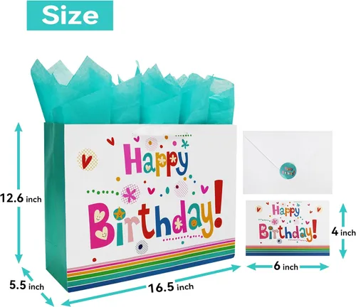 Vista 2 de Qirrmiy Juego de bolsas de regalo extra grandes de 16.5 pulgadas con tarjeta de felicitación y papel de seda verde (lindo "Happy Birthday")