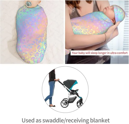 Vista 4 de Juego de mantas holográficas de leopardo para recién nacidos, manta de recepción suave para bebé, saco de envoltura para baby shower, regalo