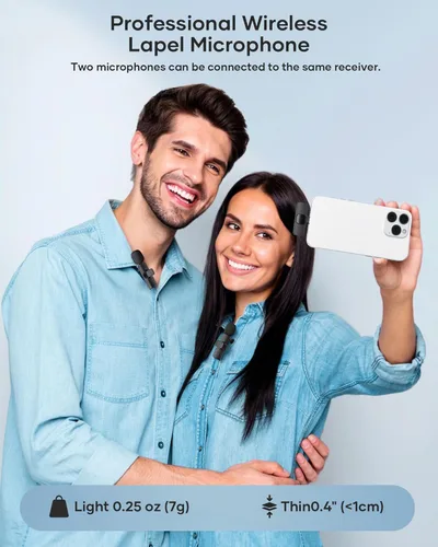 Vista 4 de Paquete de 2 micrófonos de solapa inalámbricos para iPhone, iPad y teléfono Android, micrófono de solapa Plug and Play, micrófono inalámbrico