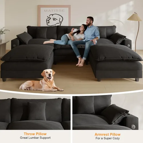 Vista 5 de KCGKCG Sofá modular en forma de U de 116 pulgadas, sofás seccionales de felpilla para sala de estar con otomana, sofá de asiento profundo, sofá