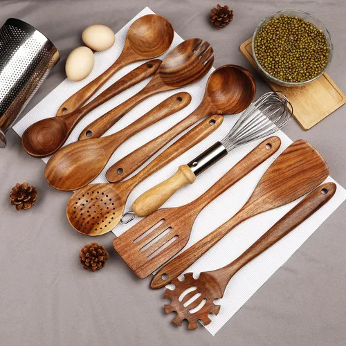 Vista 5 de 11 cucharas de madera para cocinar, utensilios de madera de teca natural para cocinar, juego de utensilios de cocina de madera antiadherente