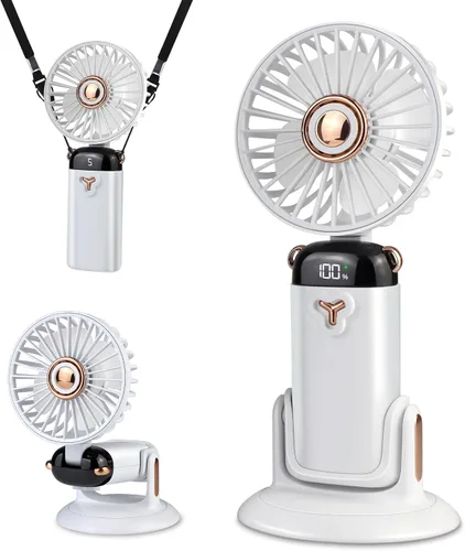 Vista 7 de Versátil ventilador portátil 4 en 1, ventilador a pilas con base, ajustable a 90°, mini ventiladores recargables, pantalla digital y capacidad