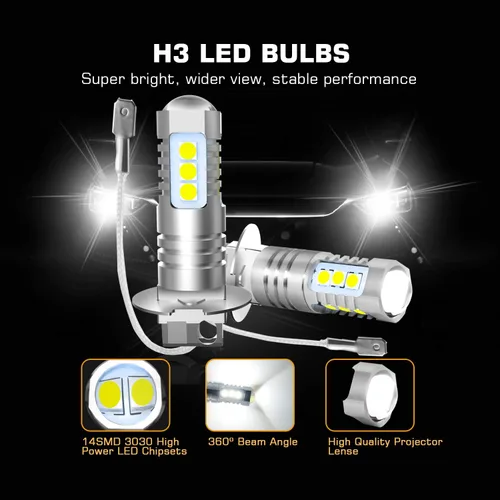 Vista 9 de Bombillas LED antiniebla H3 de 6000 K, xenón blanco, extremadamente brillantes, 3030 chips H3, bombillas LED con proyector para luces antiniebla