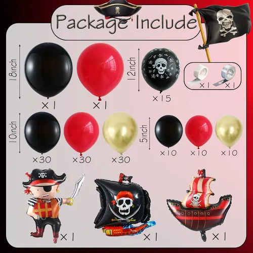 Vista 2 de Decoraciones de fiesta de cumpleaños pirata, 142 piezas de guirnalda de globos dorados metálicos rojos, negros, kit de arco de arco de globos