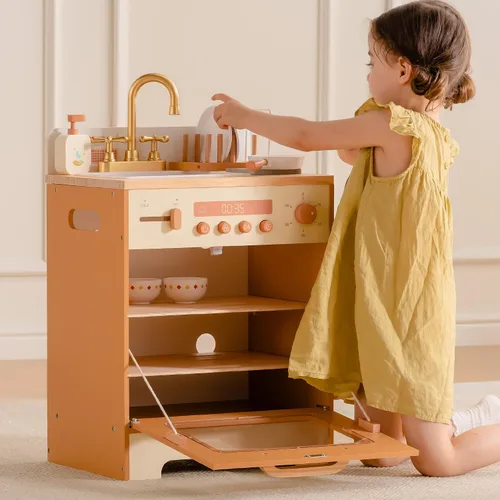 Vista 8 de ROBOTIME Fregadero Lavavajillas de Juguete de Madera – Juguete de Cocina de Imitación Color Caramelo con Grifo Dorado, Perillas Giratorias, Estante