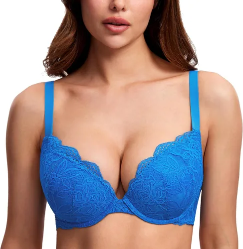 Vista 15 de DOBREVA - Brasier de encaje con efecto push up para mujer, con aros, con inmersión, cobertura completa, sexy, talla grande, con soporte Beige