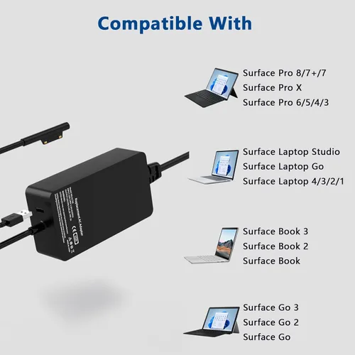Vista 6 de Reemplazo para cargador Surface Pro 65w, compatible con Microsoft Surface Pro Go Book Windows Surface Laptop adaptador de corriente