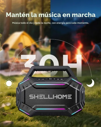 Vista 5 de ShellHome Altavoces Bluetooth 6.0 para exterior, altavoz potente de 80 W (máximo) con graves, 30 horas de reproducción, impermeable IPX6, luces RGB