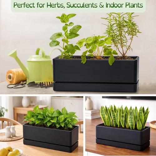 Vista 5 de D'vine Dev - Maceta para ventana de 12 pulgadas, maceta rectangular de plástico para hierbas con agujeros de drenaje y plato, maceta de suculentas